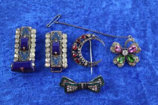 4 X Antique Sterling Silver Brooches & Duet Clip Inc.  Art Deco,  Stone Set (30g)