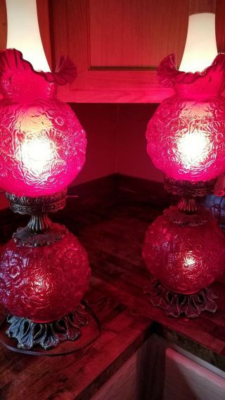 2 L&l Wmc Vintage Fenton,  Gone W/ The Wind Hurricane Lamp Poppy Floral Ruby Red