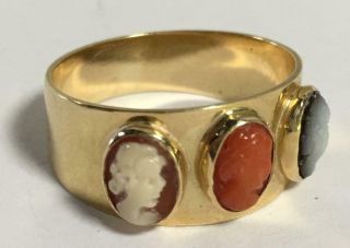 Antique 14k Gold Ring With Three Miniature Cameos Lava - 585 Hall Marks - Scarce