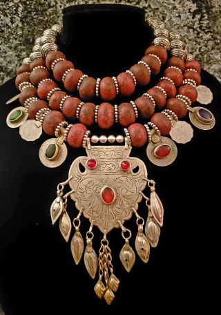 Vintage Turkoman Tribal Statement Pendant Necklace Katrox Heavy Ethnic Couture