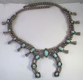 Large Vintage Sterling Silver Light Blue Turquoise Squash Blossom Necklace