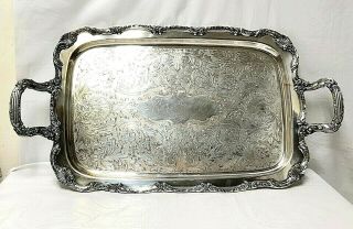 Wm A Rogers Vintage Silver Plate Serving Tray With Handles Large Ornate Heavy