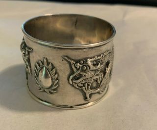 Chinese Export Silver Napkin Ring With Dragons And A Flaming Egg Signed