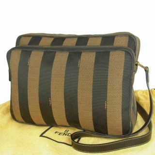 Auth Fendi Vintage Pequin Stripe Canvas Leather Cross Body Shoulder Bag 6213