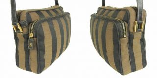 Auth FENDI Vintage Pequin Stripe Canvas Leather Cross Body Shoulder Bag 6213 3
