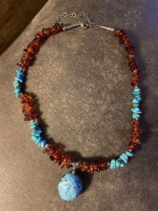 Vintage Taxco Sterling Silver Turquoise Amber Necklace