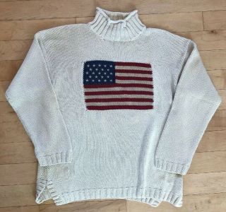 Vtg Ralph Lauren Country American Flag Cream Knit Sweater Sz L
