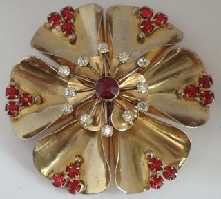 Vintage Sandor Gold On Sterling Silver Red Crystal Rhinestone Flower Brooch