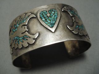 Incredible Vintage Navajo Inlaid Turquoise Heart Sterling Silver Bracelet Cuff