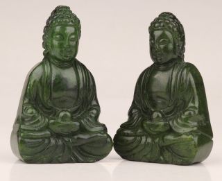 2 Buddhist Chinese Green Jade Pendant Statue Old Hand - Carved Sitting Buddha