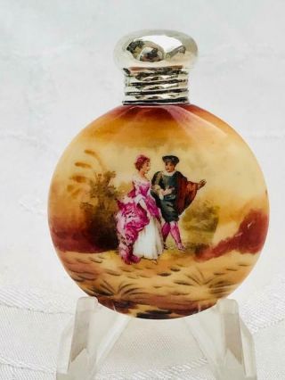 Antique Porcelain Disc Form Courting Couple Perfume Scent Bottle Silver Lid 1903