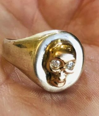 Vintage Gold And Silver Skull Ring,  9ct,  Sterling,  Diamond Eyes