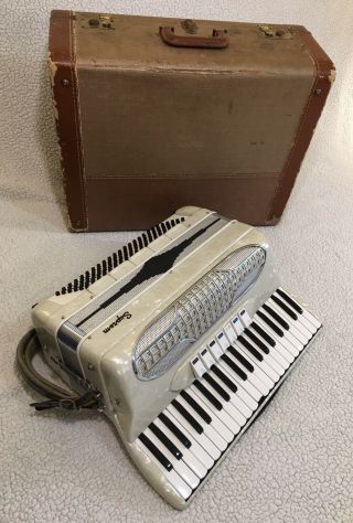 Vintage Suprema Ivory Color Piano Accordion With Hard Case Straps - See Details