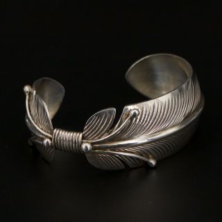 Vtg Sterling Silver - Navajo Dv Feather 6.  25 " Statement Cuff Bracelet - 33.  5g