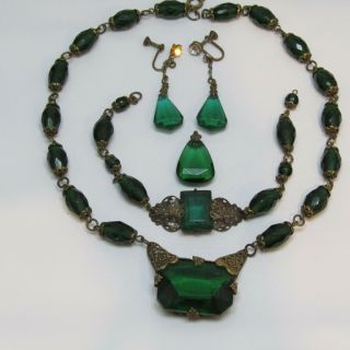 Art Deco Demi Parure Necklace Bracelet Earrings Brass Filigree Green Glass