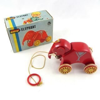 Vintage Brio Red Elephant Wooden Pull Toy Sweden Box