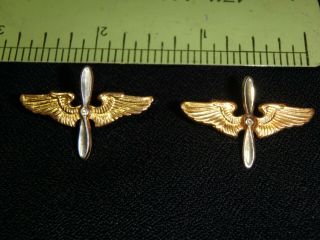 Pair Wwii Us Army Air Force Matching Pilot Lapel Pins - Wings W/ Propeller Pin