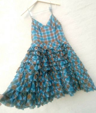 Vtg 90s Betsey Johnson Blue Cotton Plaid Party Dress Ruffle Tiered Sz 10 Flare