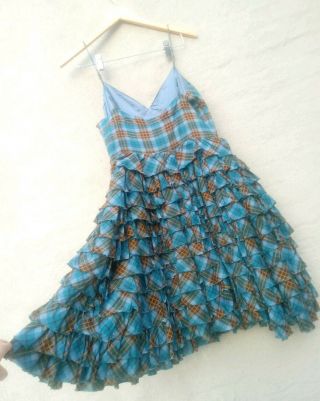 Vtg 90s Betsey Johnson Blue Cotton Plaid Party Dress Ruffle Tiered Sz 10 flare 2