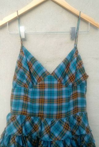 Vtg 90s Betsey Johnson Blue Cotton Plaid Party Dress Ruffle Tiered Sz 10 flare 3
