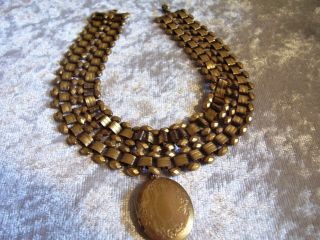 Antique " Victorian " Brass Book Chain Choker Necklace With Locket And Extender
