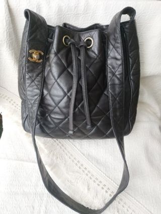 Rare Auth Chanel Vintage Dark Brown Lambskin Quilted Drawstring Shoulder Bag