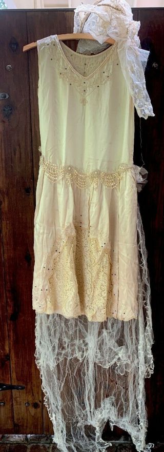 Antique Edwardian ?? Wedding Dress Lace,  Net,  Beading,  Silk,  Worn Shoes