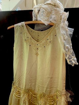 Antique Edwardian ?? Wedding Dress lace,  net,  beading,  silk,  Worn Shoes 2