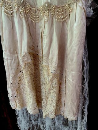 Antique Edwardian ?? Wedding Dress lace,  net,  beading,  silk,  Worn Shoes 3