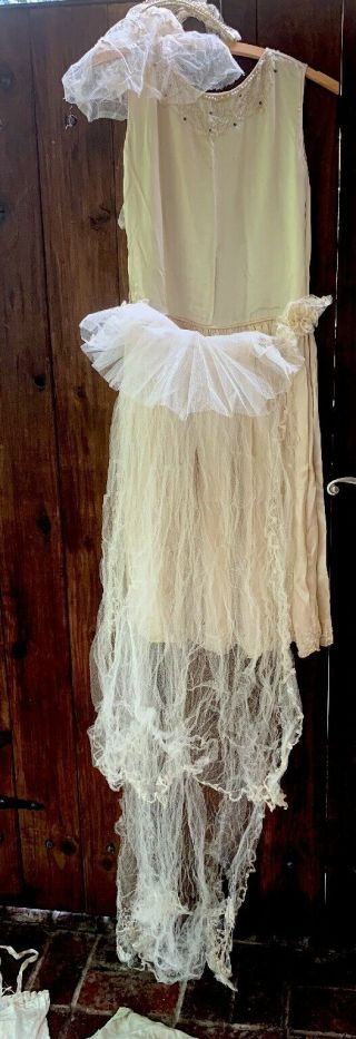 Antique Edwardian ?? Wedding Dress lace,  net,  beading,  silk,  Worn Shoes 5