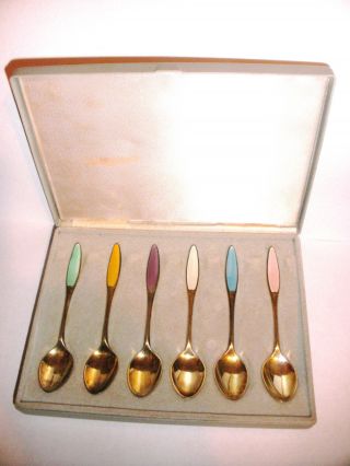 Vintage Frigast Denmark Sterling Silver Enamel Demitasse Set Of 6 Spoons W/ Box