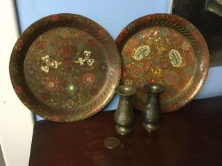 Vintage Indian Brass Plates Dishes And Small Pots Hand Engraved Coloured