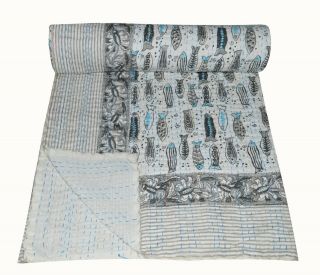 Vintage Indian Fish Hand Block Print Kantha Quilt Bedspread - Baby Throw Decor