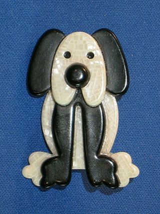 Lea Stein Paris Vintage Black & Pearlescent White Dog Brooch Pin Signed