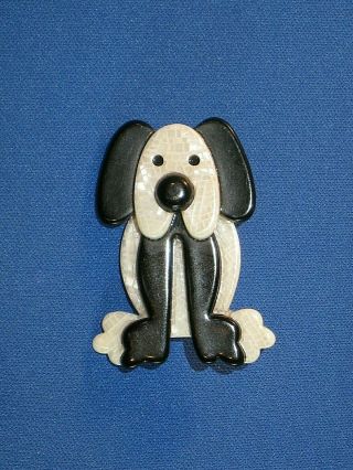Lea Stein Paris Vintage Black & Pearlescent White Dog Brooch Pin Signed 2