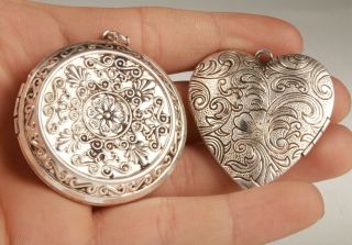 2 Chinese Tibetan Silver Handmade Carving Flower Heart - Shaped Box Pendant Gift M