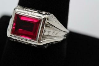 Large Vintage Mens 10k White Gold Red Stone Fancy Detailed Size 10.  5 Estate Ring