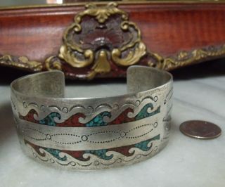 Art Deco Vintage Sterling Silver Native American Heavy Mosaic Bracelet