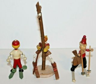 3 Vintage Wood Wooden Toy Skier Skiers Made In Spain & Germany
