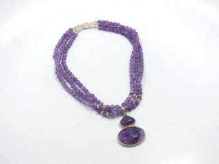 Vintage Heavy Sterling 3 Strand Amethyst Beads & Carved Pendant Necklace,  91.  7g