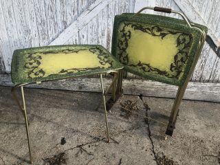 4 Vintage Retro Art Design Fiberglass Tv Trays Green Gold Rolling Rack