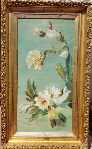 Antique 19c Floral Oil Painting Lilies Signed 2 Antique Frame 12 " X 24 "