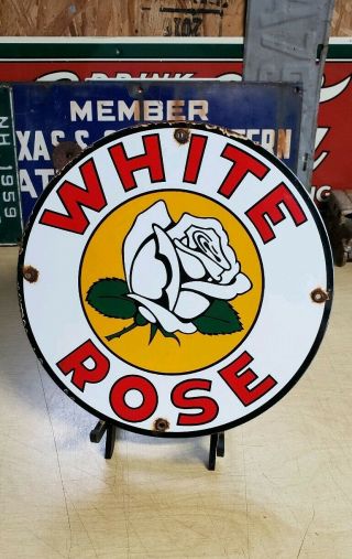 White Rose Gasoline Porcelain Sign Vintage Petroleum Magnoline Gas Pump Plate