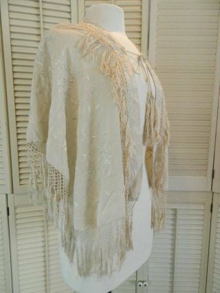 Antique Ivory Silk/rayon Embroidered Tassle Victorian Piano Shawl