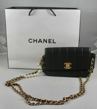 Authentic Vintage Chanel Black Lambskin Quilted Mini Flap Bag W Pearls