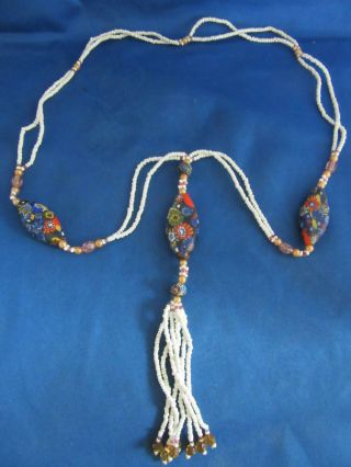 Vintage Murano Millefiori Italian Glass Beaded Necklace & Pendant W/ Tassel