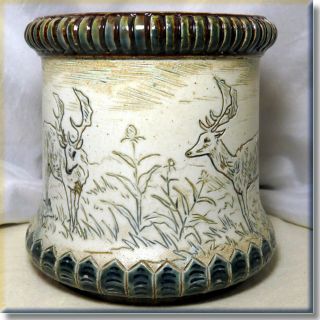 Antique Doulton Lambeth Deer & Fox Jar / Vase Artist Hannah Barlow 1887 A/f