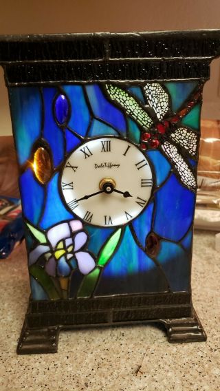 Vintage Signed Dale Tiffany Stained Glass Mantel Clock Dragonfly Iris