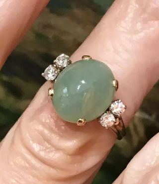 Fine Vintage Jade And Diamond 14k Yellow Gold Ring