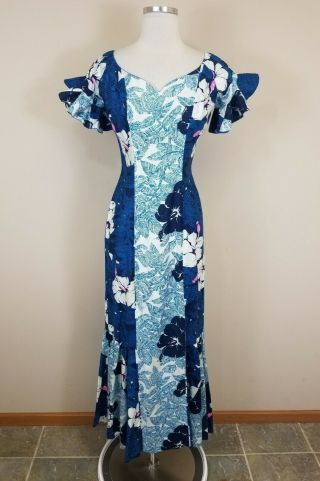 Vtg 70s Liberty House 6 / S Hawaiian Maxi Ruffled Dress Blue Floral